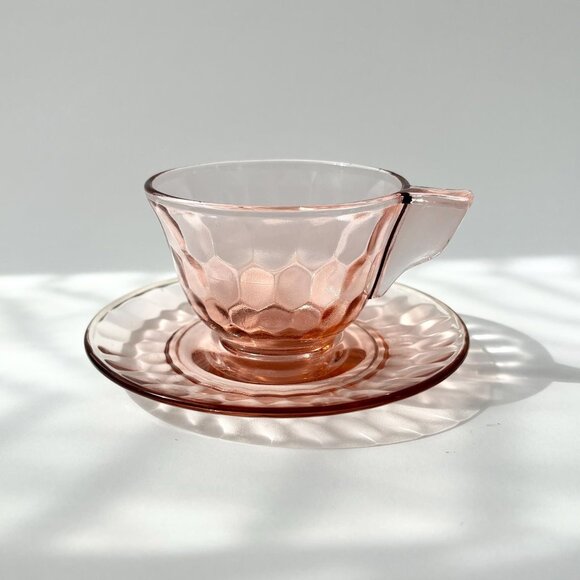 Anchor Hocking Other - Pink Jeannette Depression Glass Vintage Teacup Saucer Glass Set Optic Thumbprint